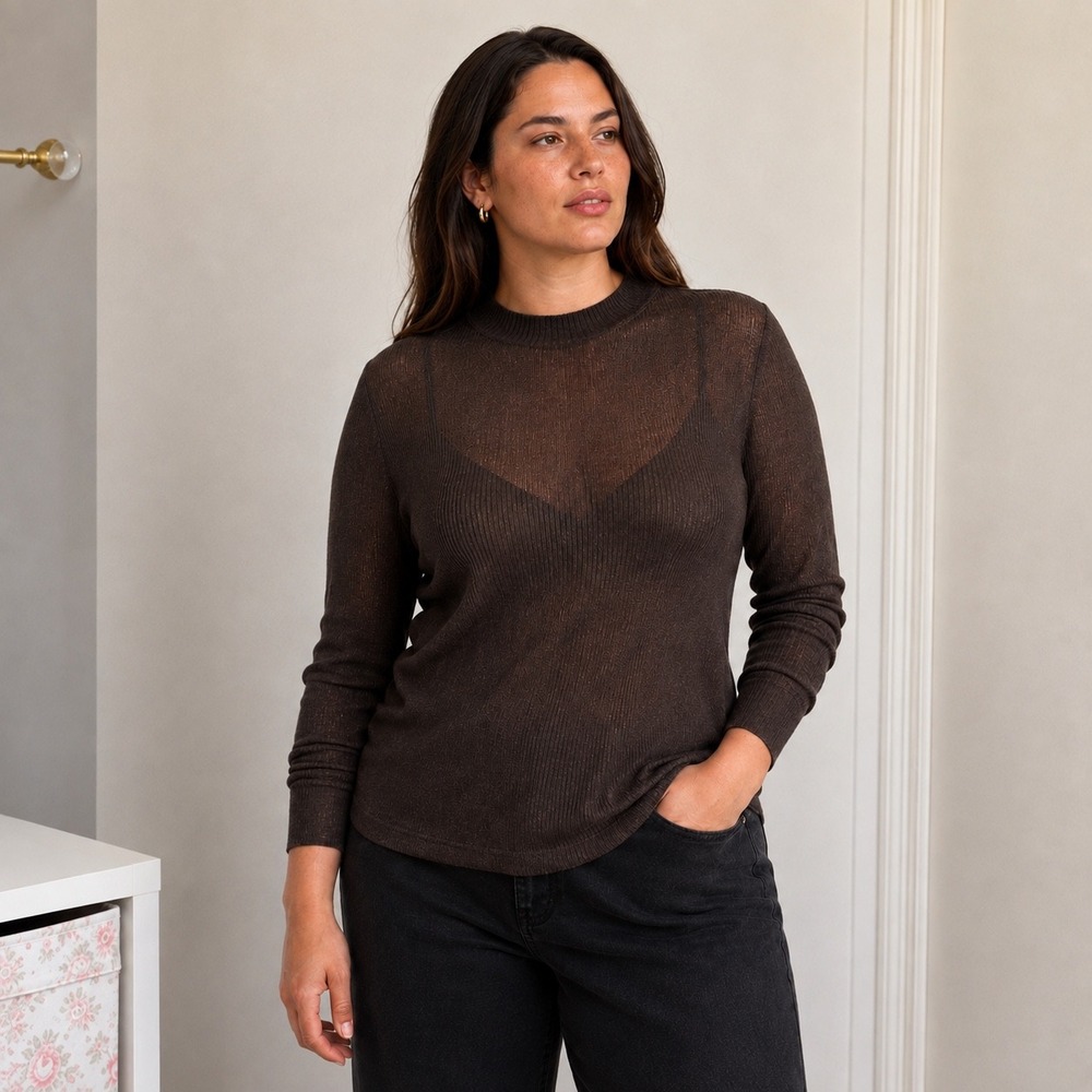 Gap Terra Brown Sheer Fitted Crewneck Sweater Lightweight Layering  | XL NWT